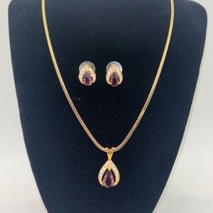 Roman Gold Tone Purple Pear Crystal Necklace and Earrings Jewelry Set with Box